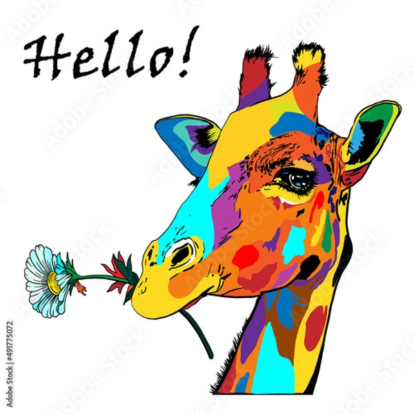 Fototapeta Giraffe. Graphic drawing with a welcome inscription in the style of pop art. Vector, isolated illustration.
