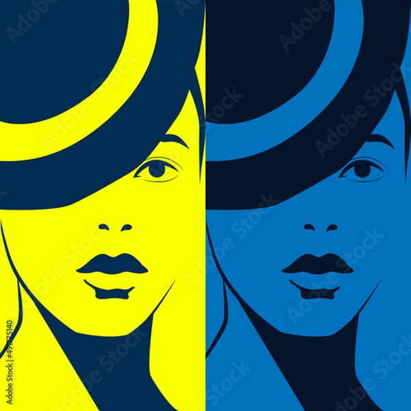 Fototapeta Abstract, linear, modern, minimalist portrait of a girl. Bright pore-art of a woman. Vector illustration.
