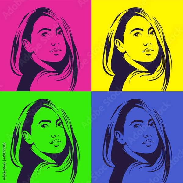 Fototapeta Abstract, linear, modern, minimalist portrait of a girl. Bright pore-art of a woman. Vector illustration.
