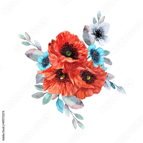 Fototapeta Bouquet with red poppies. Watercolor illustration with a resolution of 800 dpi.
