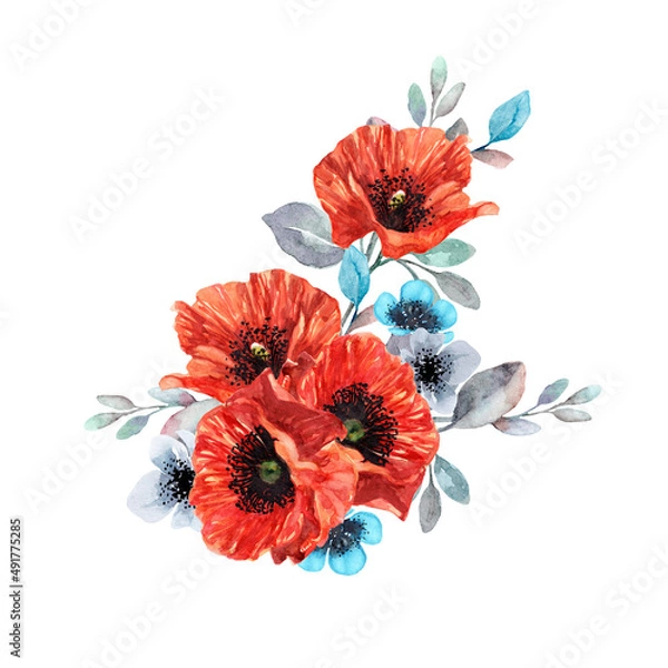 Fototapeta Bouquet with red poppies. Watercolor illustration with a resolution of 800 dpi.
