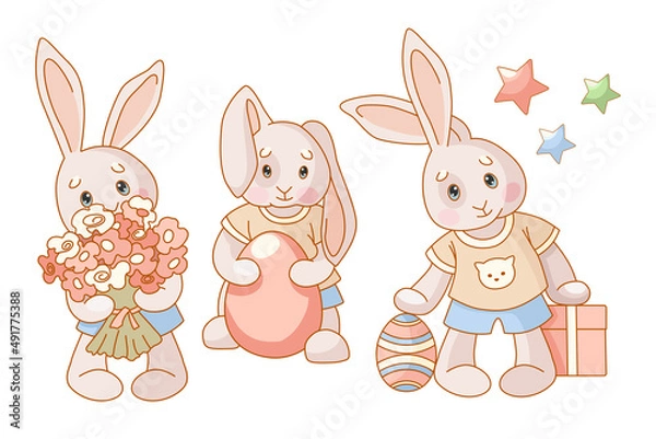 Fototapeta Easter bunnies. Set of elements in a flat style. Baby vector illustration.
