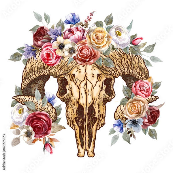 Fototapeta Ram skull in roses. Mystical, magical illustration in boho style.
