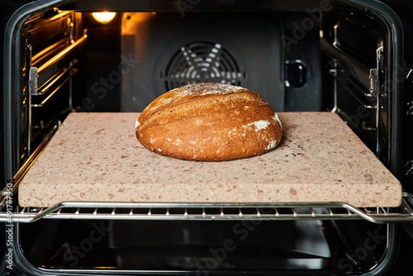 Obraz Homemade round rye bread is baked in the oven on a baking stone. Close-up, selective focus
