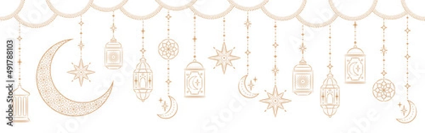 Obraz Ramadan Kareem Border, Islamic art Style Background. Symbols of Ramadan Mubarak, Hanging Gold Lanterns, arabic lamps, lanterns moon, star, art vector and illustration