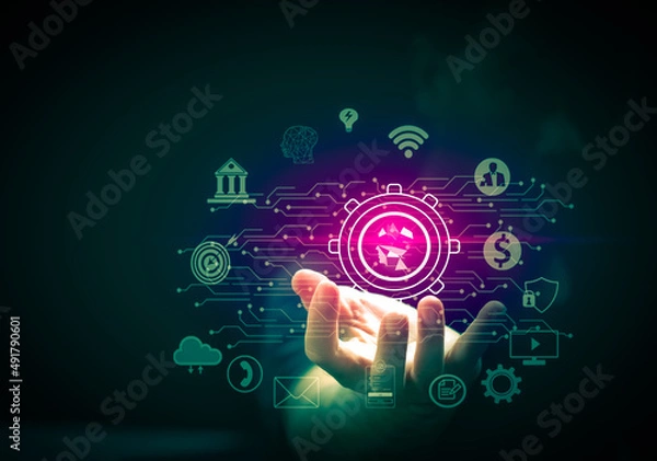 Fototapeta Businessman holding a virtual touch, big data analytics concept, and business intelligence. concept of world map point and line elements of global business Digital Link Technology, Internet of Things
