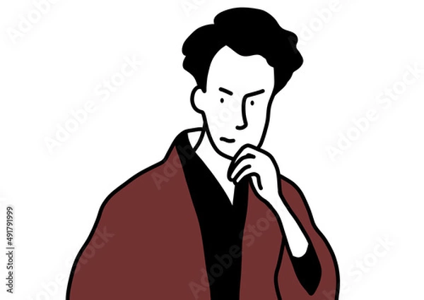 Fototapeta 日本の着物姿の考えている男の人。