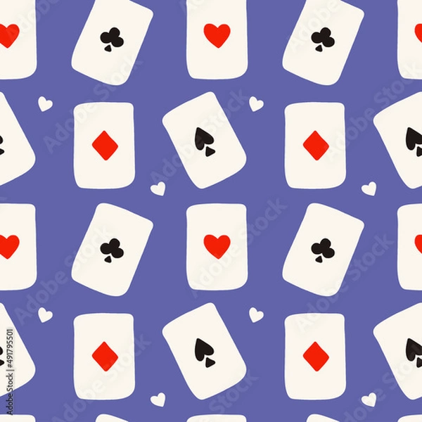 Fototapeta Seamless vector pattern with playing cards on blue background. Design for fabric and paper, surface textures.
