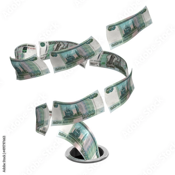 Obraz 3D render Russian ruble flying to drain - crisis concept	