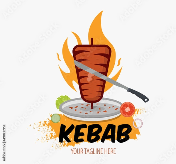 Fototapeta Creative Doner kebab logo with flame element. Shawarma emblem. Turkish fast food restaurant, barbecue cafe or grill bar symbol of skewer or rotating spit with grilled meat.
