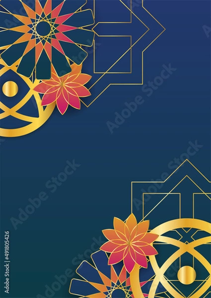 Fototapeta Trendy islamic poster background with mosque, arabic pattern, lantern, moon, and crescent. Can be used for greeting card, poster, banner, invitation, brochure, ramadan, eid, adha, iftar invitation.