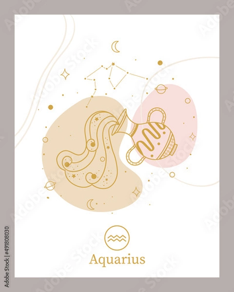 Fototapeta Zodiac Aquarius horoscope sign line abstract art silhouette design vector illustration. Creative decorative, Aquarius emblem template for mystic logo, calendar print in boho minimal style	
