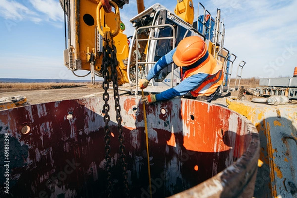 Fototapeta Workers start construction of a concrete bridge 