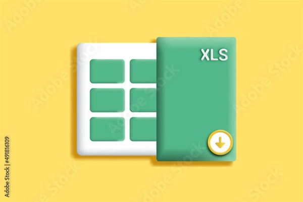 Fototapeta Vector of 3d download spreadsheet icon. XLS, or XLSX file format icon with landscape design. sheet logo. xls extension icon. spreadsheet icon combine with download button, folder icon, and table icon.