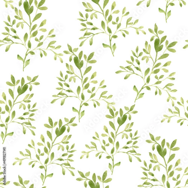Obraz Floral seamless pattern. Watercolor pattern with tree branches. Green branches on a white background.