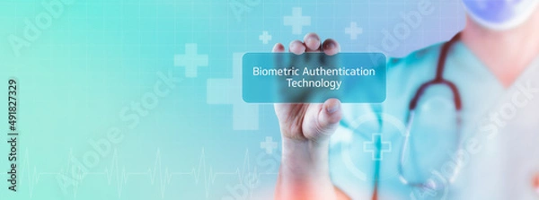 Fototapeta Biometric Authentication Technology. Doctor holds virtual card in his hand. Medicine digital
