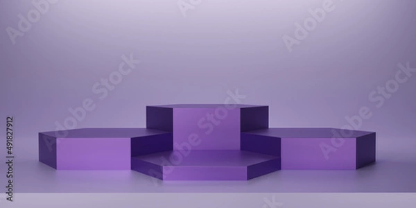 Obraz Shiny purple hexagon pedestal or podium on purple background. Metallic hexagon cube Blank display or clean room for showing product. Minimalist mockup for podium display or showcase. 3D rendering.