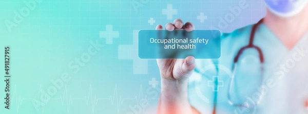 Fototapeta Occupational safety and health. Doctor holds virtual card in his hand. Medicine digital