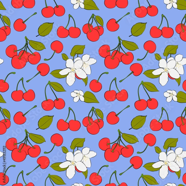Fototapeta A set of seamless patterns of cherries, leaves and fruits, 1000x1000 pixels. Vector grafic