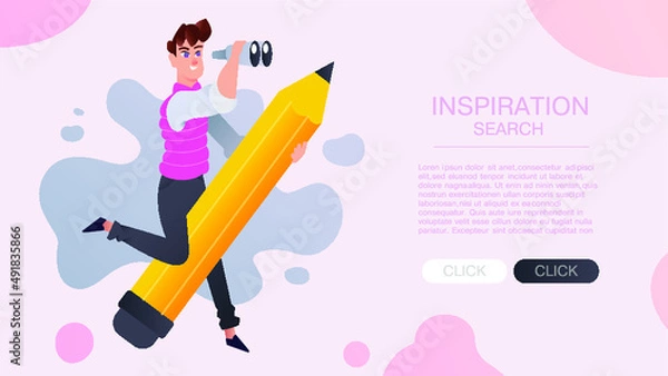 Fototapeta Men  character designer flying on pencil . Generating ideas concept. Creative bright ad or educational process banner, imagination, inspiration poster for web design studio, startup, courses, landing 