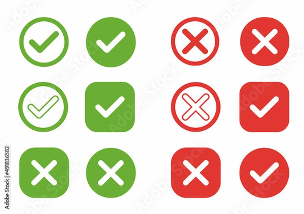 Fototapeta Green tick mark and red cross, vector icons