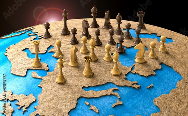 Fototapeta symbol of geopolitics in the world with chess pieces. 3D illustration