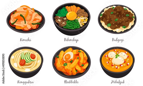 Fototapeta Korean food set menu isolated on white background illustration vector. (Kimchi, Bibimbap, Bulgogi, Kongguksu, tteokbokki and Hobakjuk)