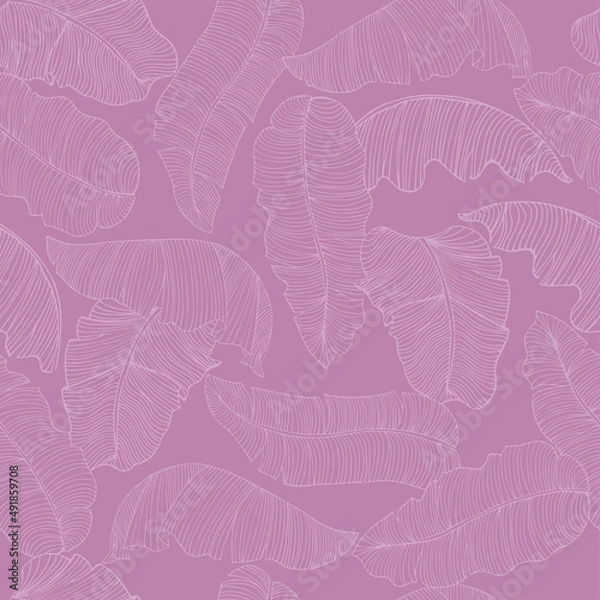 Fototapeta Seamless pattern of exotic, banana leaf elements in lavender color. Decorative image tropical foliage.