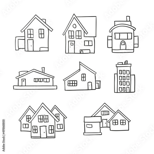 Fototapeta Hand drawn vector doodle of a set of residential houses in black and white
