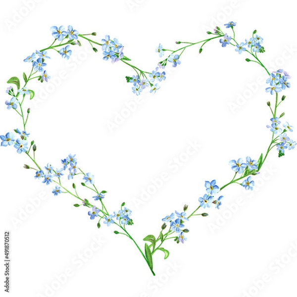 Fototapeta Watercolor heart wreath with forget me not flowers