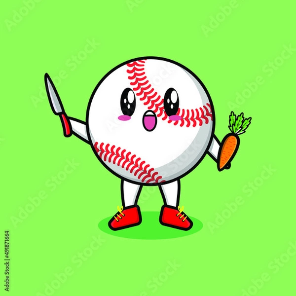 Obraz Cute cartoon baseball ball character holding knife and carrot in modern style design