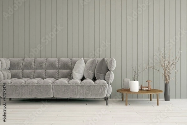 Fototapeta Grey living room with sofa. Scandinavian interior design. 3D illustration