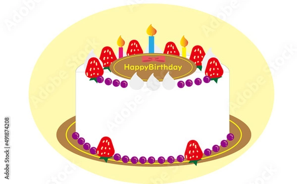 Obraz 苺とブルーベリーのかわいいバースデーケーキのイラスト。ろうそく・チョコプレート