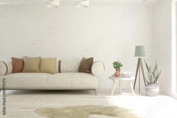 Fototapeta White living room with sofa. Scandinavian interior design. 3D illustration