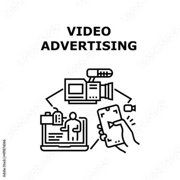 Fototapeta Video Advertising Vector Icon Concept. Camera Electronic Device For Making Video Advertising And Watching Promotional Clip On Laptop Screen Or Smartphone Display Black Illustration