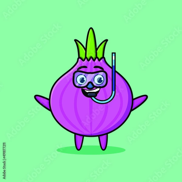 Fototapeta Cute cartoon onion diver with swimming glass in 3d modern style design
