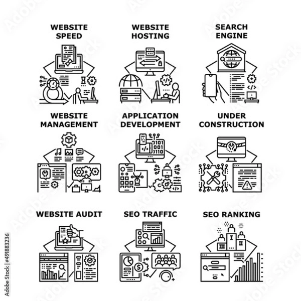 Fototapeta Website Hosting Set Icons Vector Illustrations. Website Hosting Speed And Management, Audit And Host, Seo Ranking And Traffic, Application Development And Under Construction Black Illustration