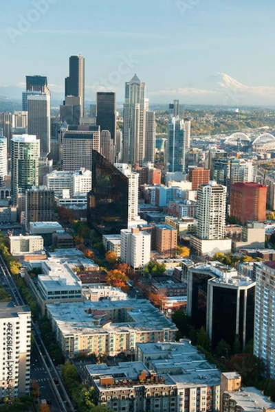 Fototapeta Seattle downtown skyline with view of Mt.Rainier in distance