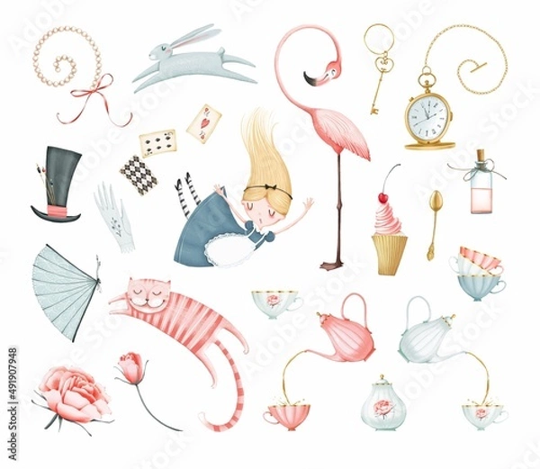 Fototapeta The Wonderland set. Alice girl, cat, rabbit, flamingo, teapot with cups, cake, potion bottle, hat, key, watch, cards. Cute style. Stock illustration.