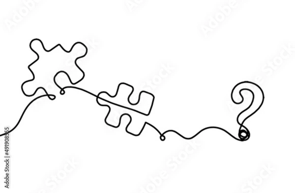 Fototapeta Abstract jigsaw puzzle with question mark as line drawing on white background