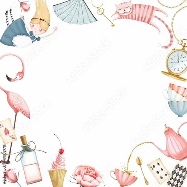 Fototapeta A frame of illustrations of Alice in Wonderland. White background. A square format banner. Cute cartoon style. Stock illustration.