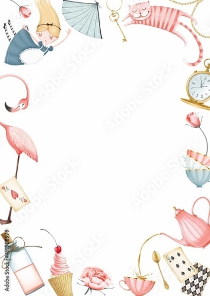 Fototapeta A frame of illustrations of Alice in Wonderland. White background. A vertical format banner. Cute cartoon style. Stock illustration.