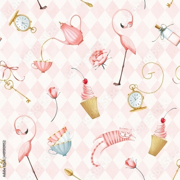 Fototapeta Alice in wonderland seamless pattern on a background of pink rhombuses. Flamingo, teapot, cups, cake, potion bottle, key, watch, cat. Cute style. Stock illustration.
