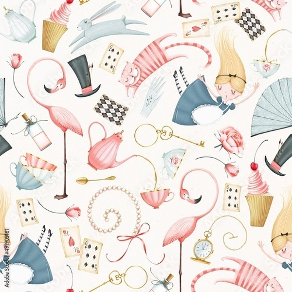Fototapeta Wonderland seamless pattern. Alice girl, cat, rabbit, flamingo, teapot with cups, cake, potion bottle, hat, key, watch, cards. Cute style. Stock illustration.
