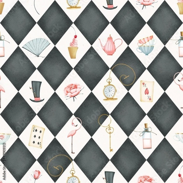 Fototapeta Alice in wonderland seamless pattern on a background of black and white rhombuses. Flamingo, teapot, cups, cake, potion bottle, hat, key, watch, cards. Cute style. Stock illustration.
