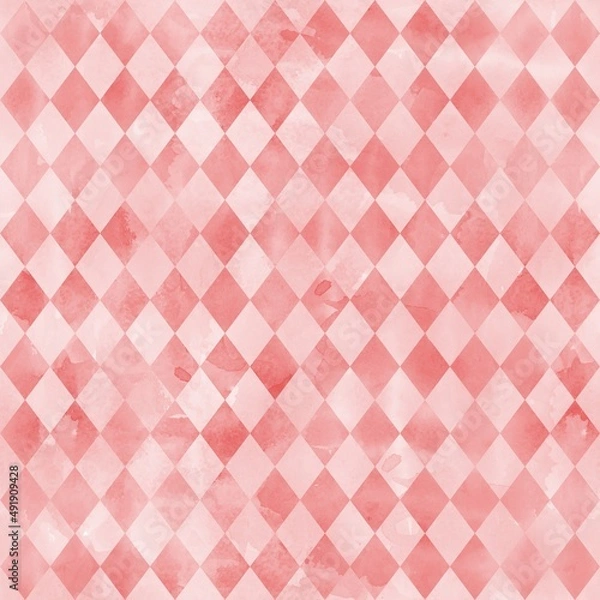 Fototapeta Watercolor rhombus seamless pattern. Geometric background in shades of pink. Vintage style. Stock illustration.