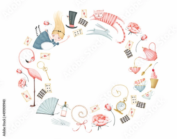 Fototapeta Wonderland oval frame on a white background. Alice girl, cat, rabbit, flamingo, teapot, cups, cake, potion bottle, hat, key, watch, cards. Cute style. Stock illustration.