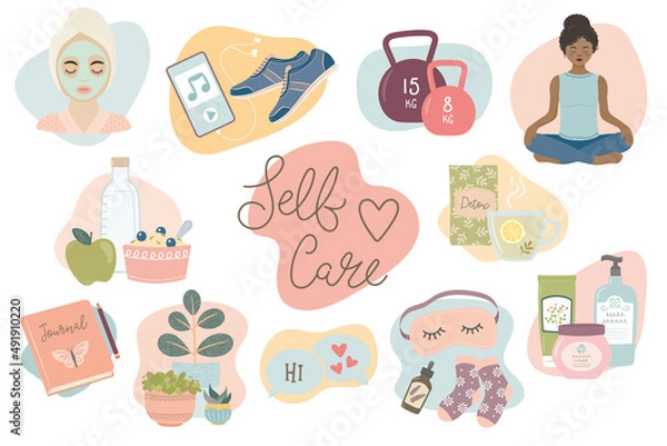 Obraz Self care activities to keep happy and healthy. Collection set of vector illustrations isolated on white.