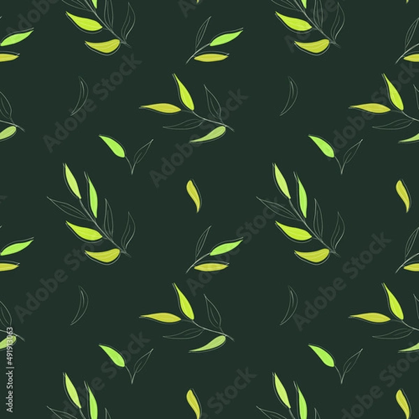 Obraz Seamless vector pattern with outline hand drawn leaves and branches. Вelicate background with plants