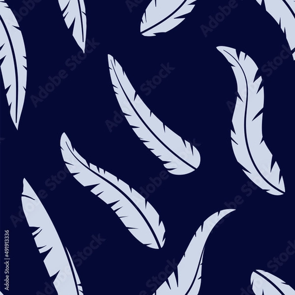 Fototapeta Seamless vector pattern with feathers on blue background